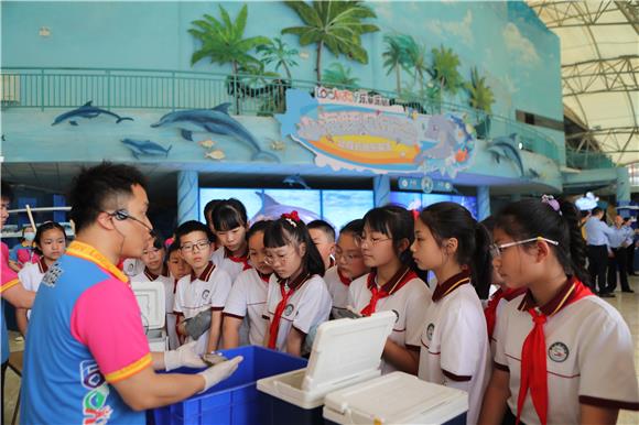 工作人员给学生们讲解海豚知识。通讯员 陈仕川 摄