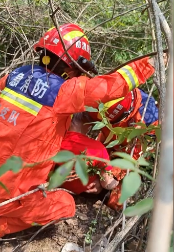 1消防员前往灌木丛中施救。重庆北碚消防供图