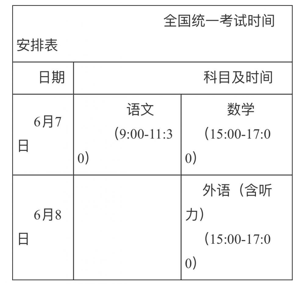 高考时间安排。重庆市教委 供图