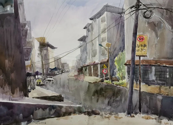 10张海峰《灌乡雨景》纸本水彩 53m×76cm