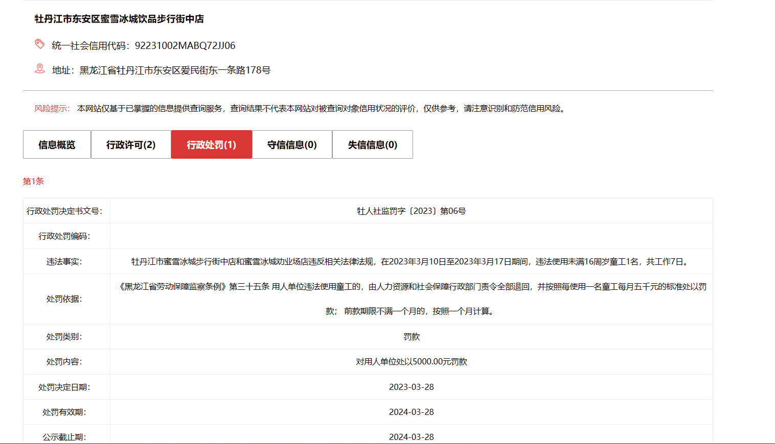蜜雪冰城雇佣不满16周岁童工被罚，此前已有两例