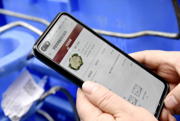 胡勇通过溯源二维码察看蔬菜来源。通讯员 刘琦 摄