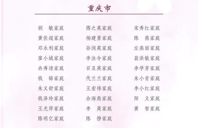 重庆共29户上榜全国最美家庭名单。名单截图