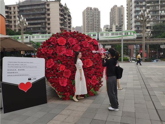巨型玫瑰花束吸引不少市民拍照合影。通讯员 范永根 摄