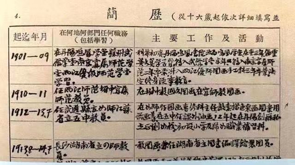 档案照片：凤先生填写的履历表1910年- 1911年在两江师范附属中学任国文、美术教员