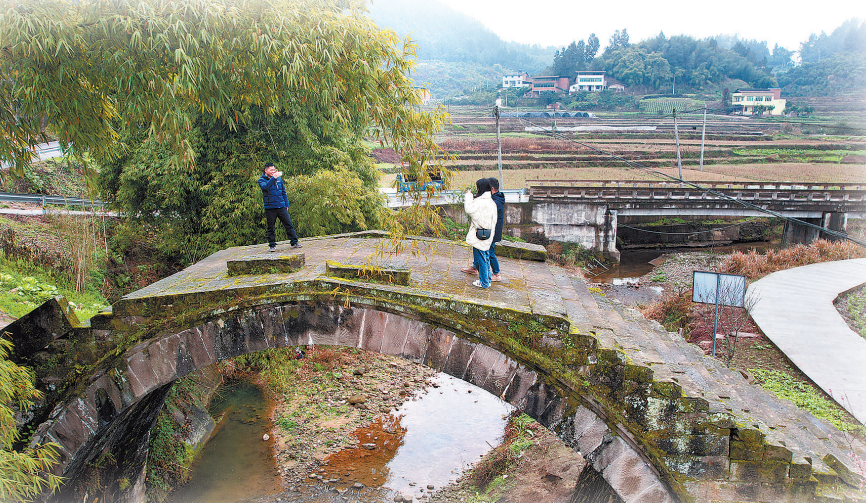 大观镇梅花村，游客在梅花古桥拍照、游玩。记者 向成国 摄