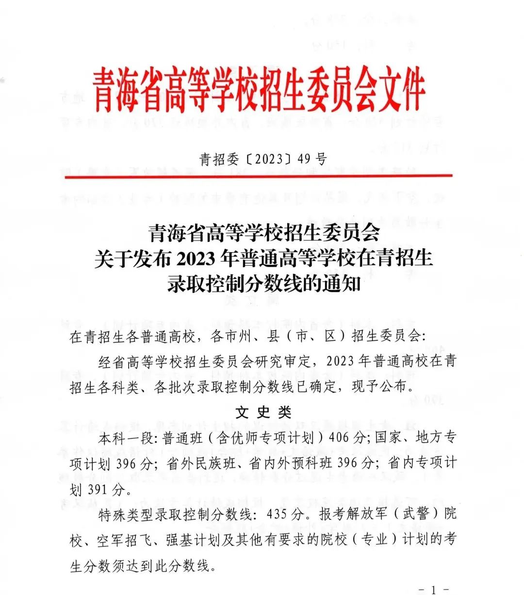青海省高等学校招生委员会关于发布2023年普通高等学校在青招生录取控制分数线的通知1