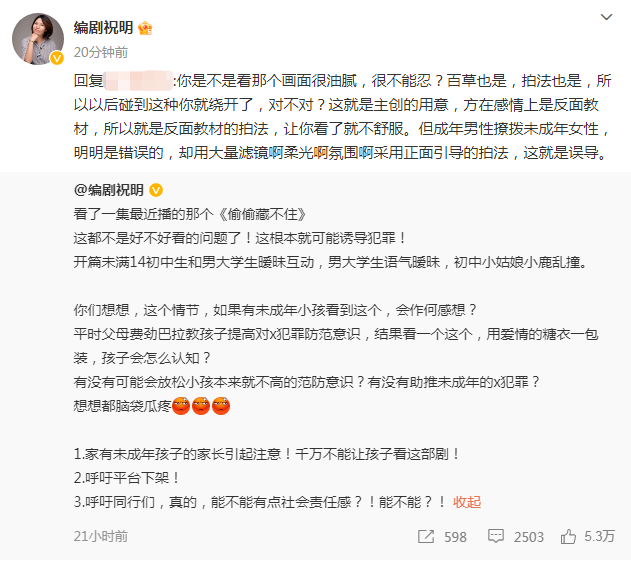 《旋风少女》编剧祝明怒斥《偷偷藏不住》诱导犯罪，呼吁平台下架1