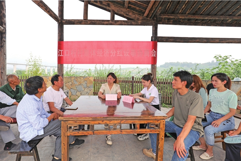 统景镇江口村村集体经济分红议事协商会在议事。受访单位供图