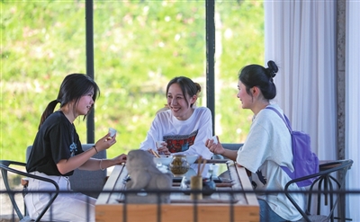 曲水镇聚宝村谭家院子，游客在品茶、聊天。记者 熊伟 摄