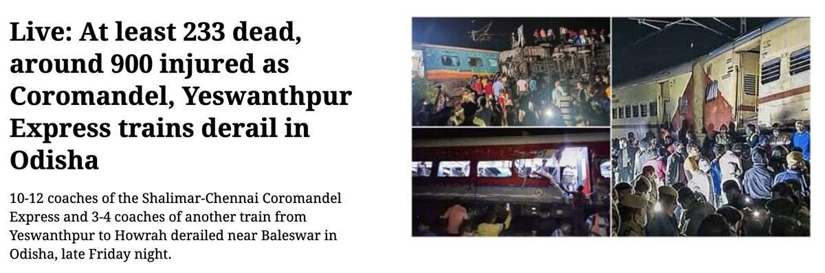 印度火车相撞事故已致233死、超900伤，官方宣布全邦哀悼一天1