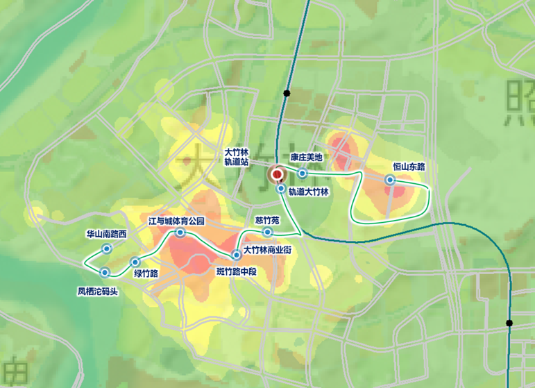 大竹林轨道站周边的出行需求分布热力图。