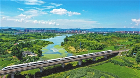 双桂街道黄泥村，蓝天白云下，一列高速列车在稻田、湖泊、村落间疾驶。记者 向成国 摄