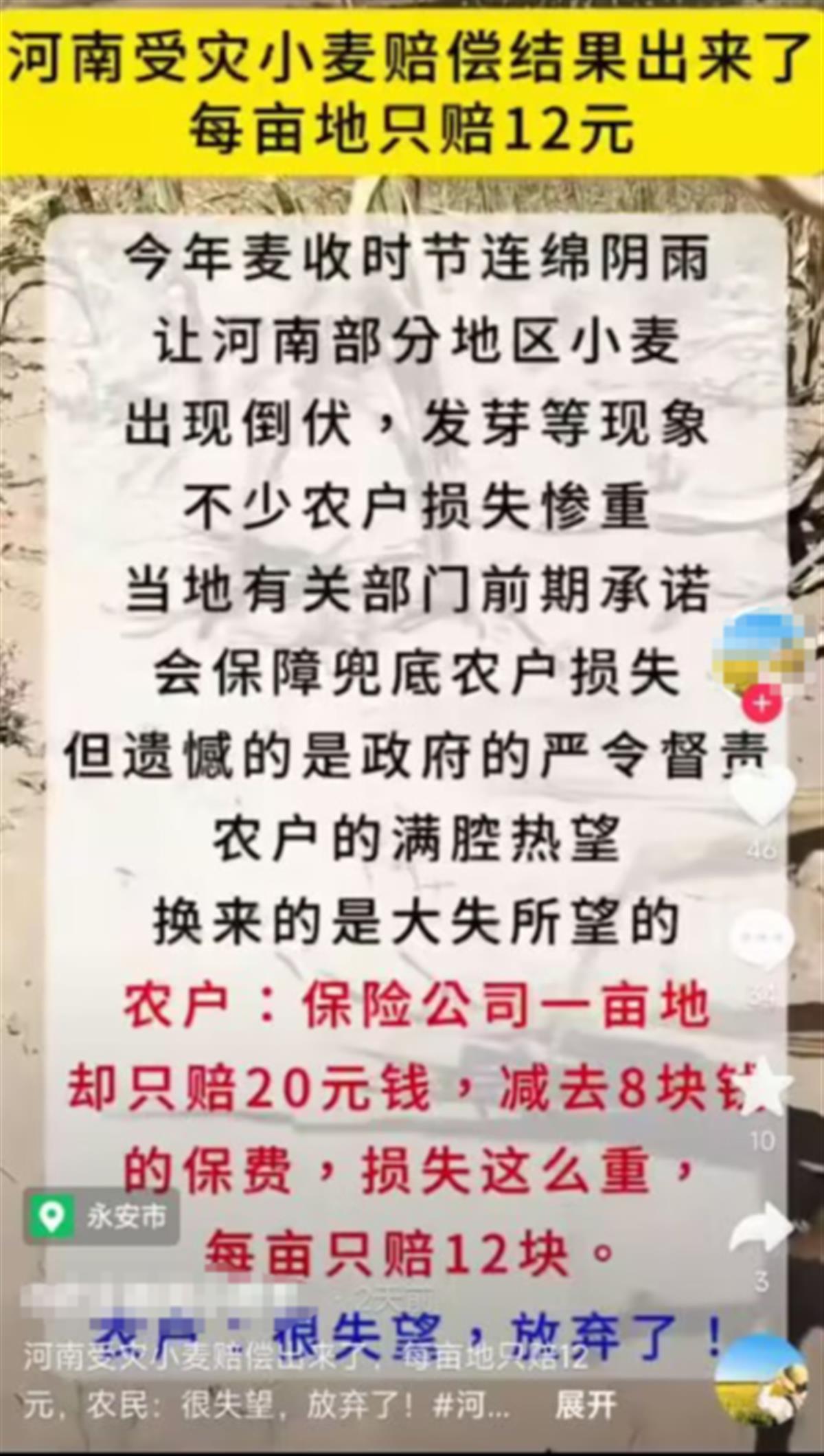河南西平多名受灾小麦种植户称保险赔付每亩仅约20元，当地称已关注到此事，保险公司未回应2
