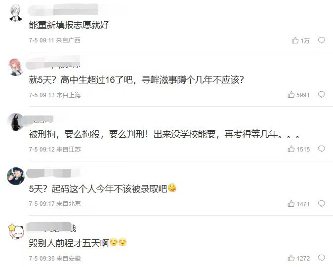 偷改他人高考志愿行拘5日,是否太轻?网友热议2