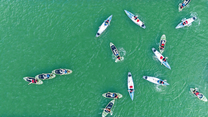 众多市民到湖里划桨板戏水，体验水上运动的魅力和清凉。