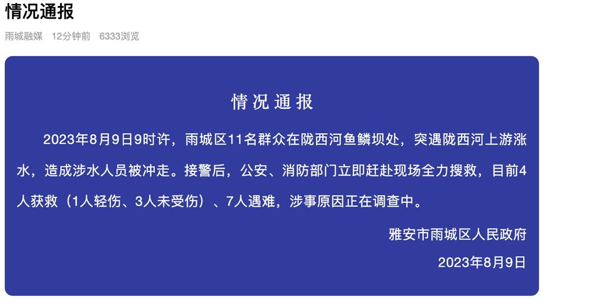 四川雅安一河道涨水致7人遇难,文旅局:鱼鳞坝是水利设施,并非旅游景点2
