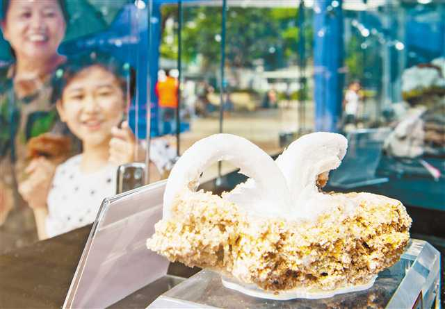 Natural gypsum in the shape of a goat’s horns is displayed in the geological science popularization activity taking place in Guanyinqiao, Jiangbei District on September 16.