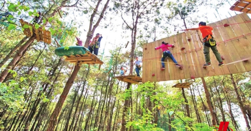 游客在玉峰山体验飞跃丛林运动项目。玉峰山镇供图