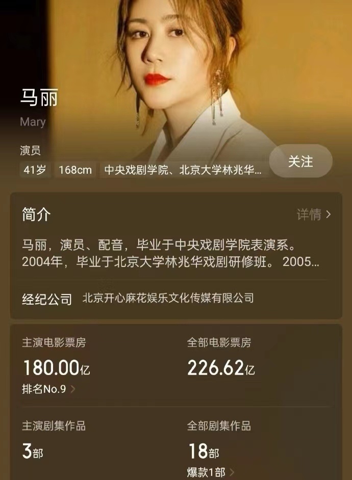 马丽主演电影票房破180亿元，坐实中国影史票房最高女演员地位1