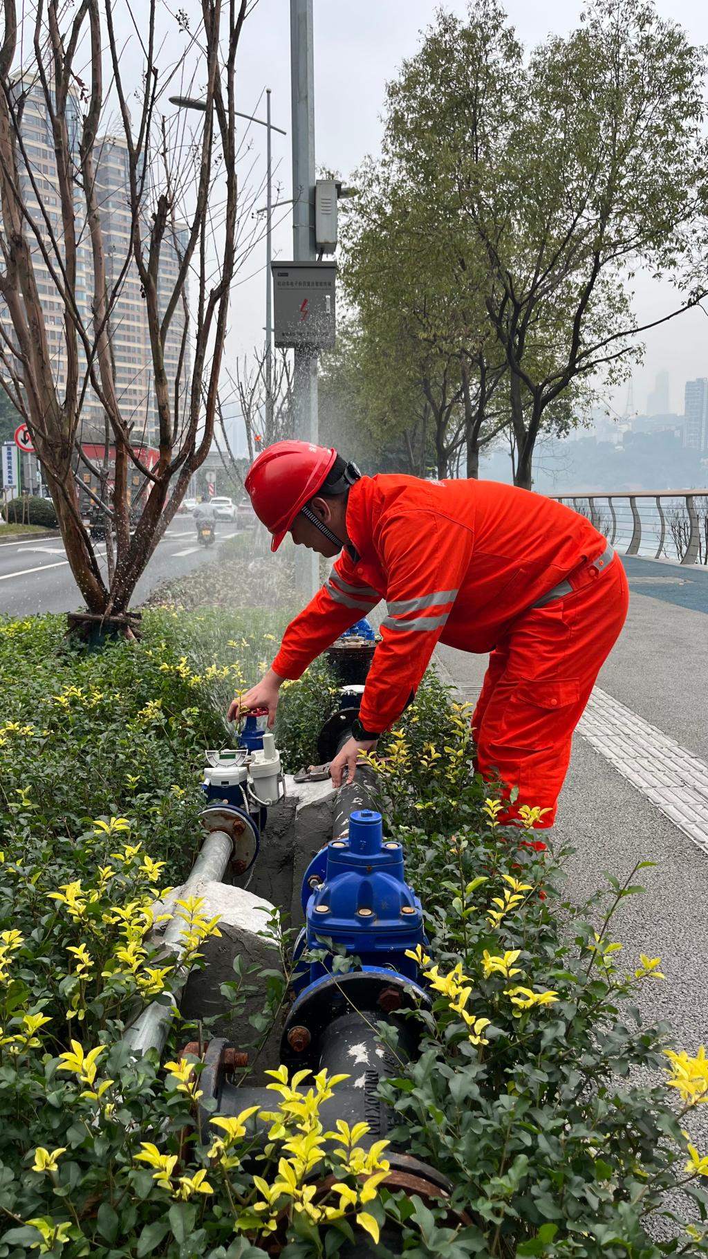 工作人员巡检南滨路沿线供水管道。重庆水务集团供图