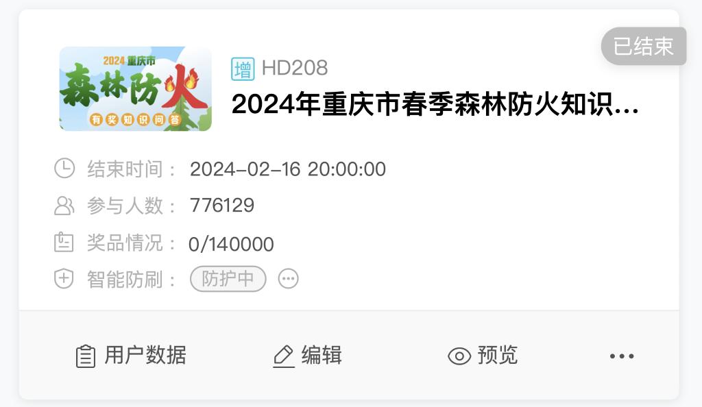 2024重庆市森林防火有奖知识问答后台数据截图。