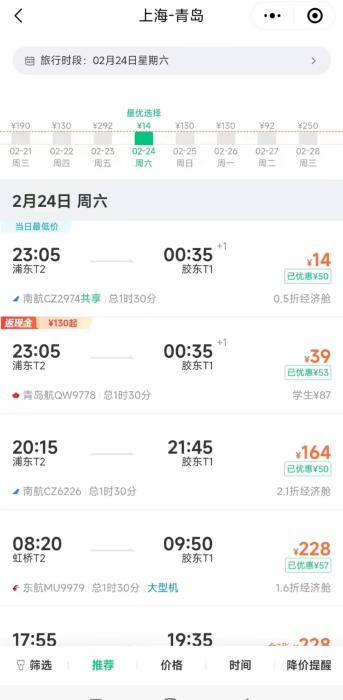 机票价格大跳水，本周上海飞青岛票价只要14元1