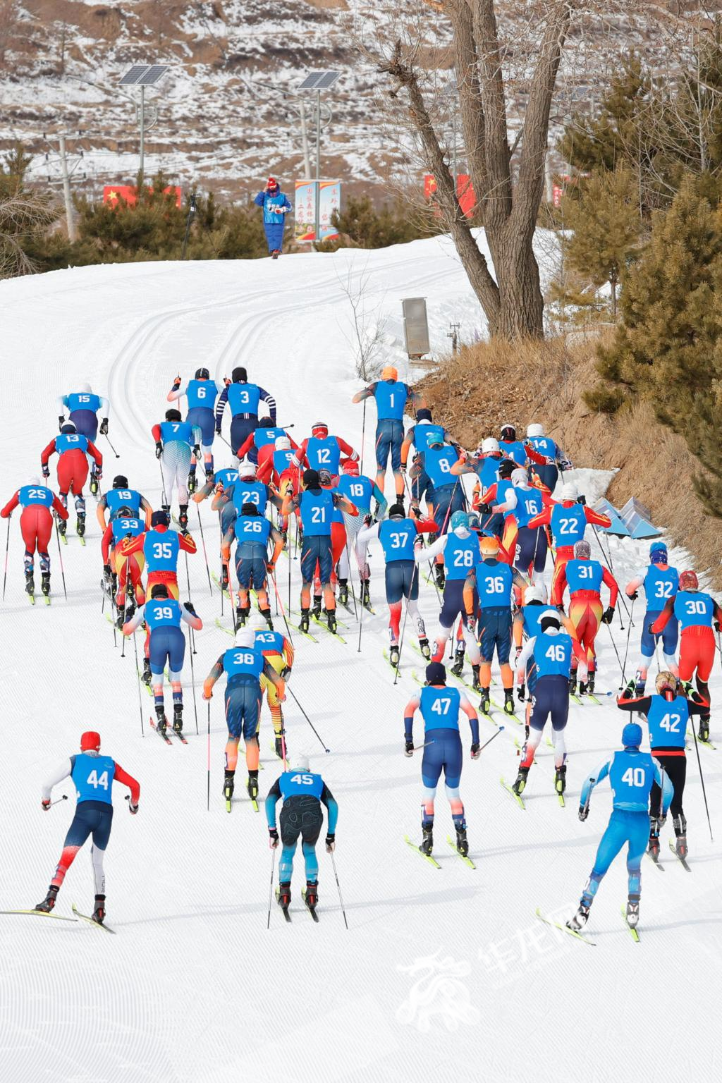 02——2月14日，越野滑雪公开组男子双追逐比赛集体出发，重庆运动员王强（1号号码布）冲在前列。华龙网记者 石涛 摄