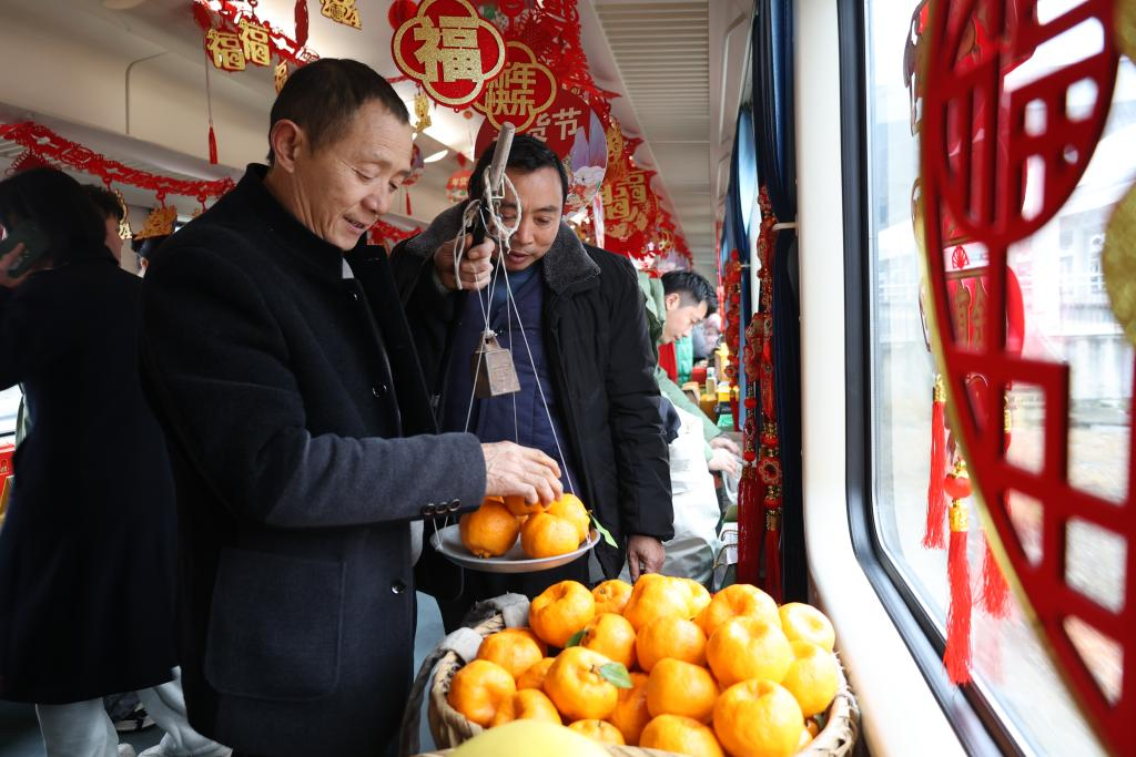 Travelers selecting and purchasing agricultural products in the train carriage