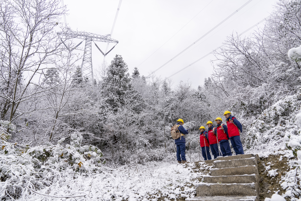 2月9日，在彭水县中岭山，国网重庆电力员工对电力线路开展冰雪特巡。通讯员 牟伟 摄